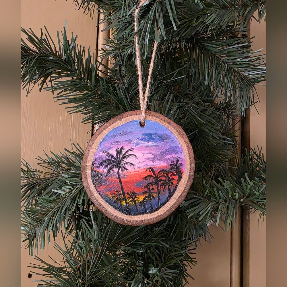 Hand-painted sunset palm tree Christmas ornament on real oak wood
